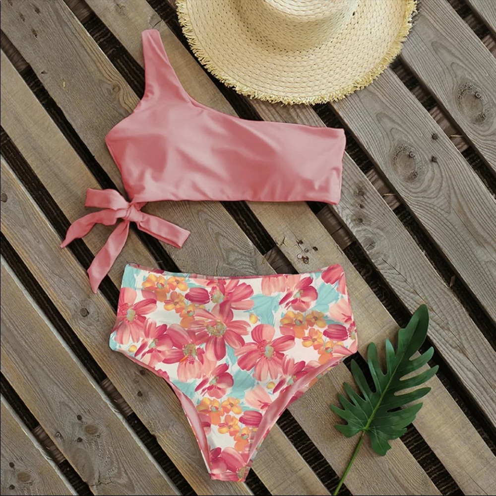 NEW FLORAL Printed High Waist Bikini SET One Shoulder - Medium